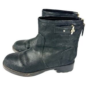 Tory Burch leather Selena biker moto boots ankle distressed black 7.5 strap zip